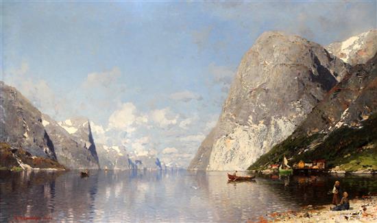 Georg Anton Rasmussen (1842-1914) Norwegian fjord in summertime, 30 x 50in.